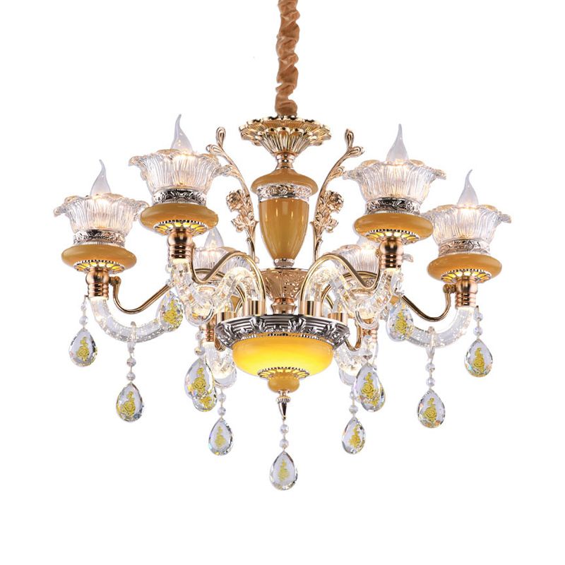 Yellow Candle Chandelier Traditional Crystal Drops 6 Heads Dinning Hall Ceiling Suspension Lamp