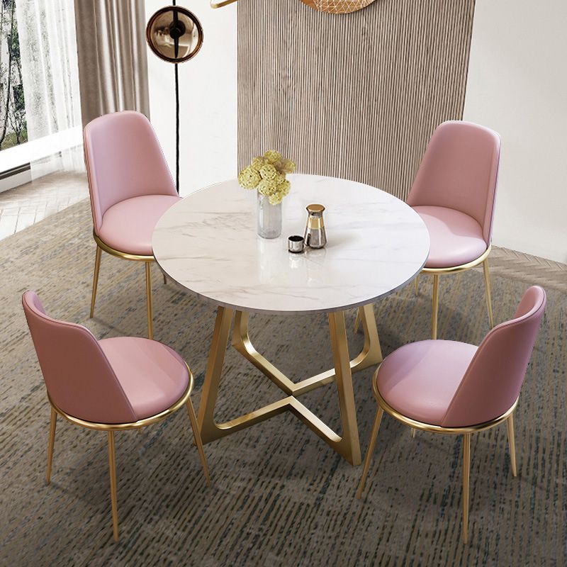 Glam Stone Round Dining Table Double Pedestal Table for Dining Room