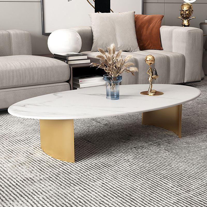 Glam Oval Stone Top Coffee Table with Steel Base Cocktail Table