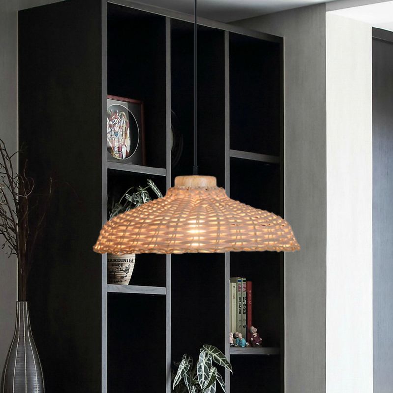 Beige/Black Barn Shade Pendant Lamp Asian Style 1 Light Rattan Height Adjustable Hanging Ceiling Light, 12.5"/18" W