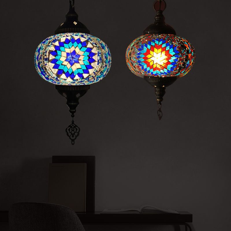 Global Hanging Lamp Traditional 1/2 Heads Red/Blue/Red-Blue Glass Ceiling Pendant Light for Living Room