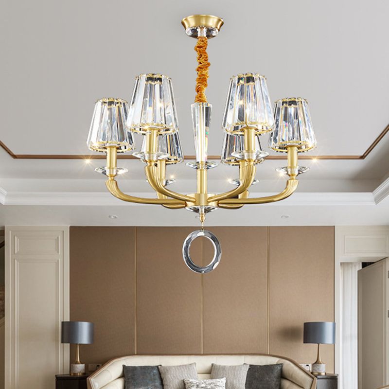 Prismatic Crystal Cone Shade Chandelier Mid-Century 6 Bulbs Parlor Ceiling Pendant Light with Ring Drop in Gold