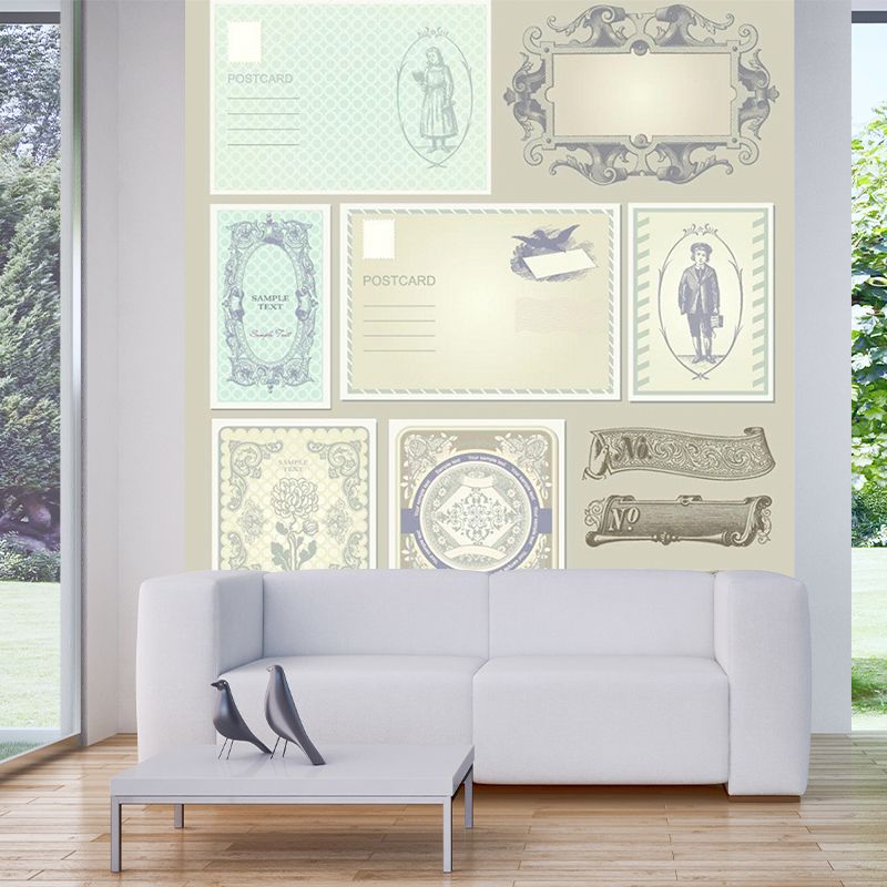 Retro Postcard Print Mural Wallpaper for Home Gallery Customized Wall Art in Beige