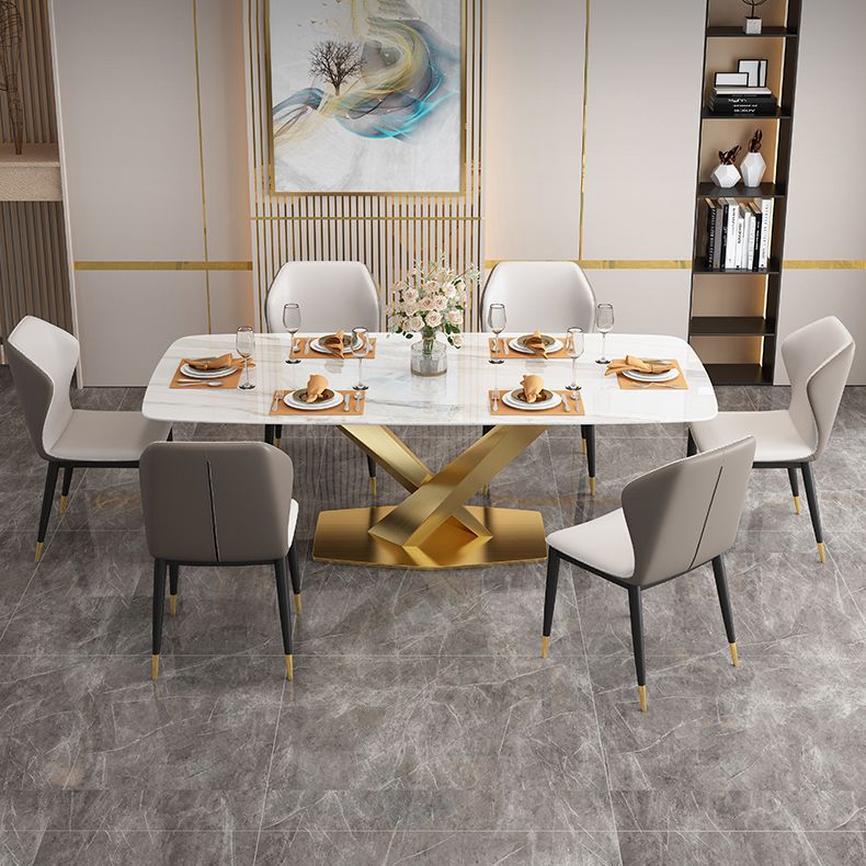 Minimalist Style Sintered Stone Dining Room Set with White Table and Gold Trestle Base for Home Use