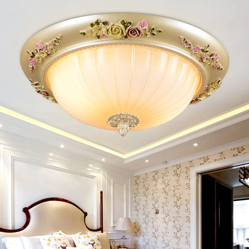 Beige 2/3-Head Flush Light Farmhouse Fluted Glass Domed Ceiling Lighting, 12.5"/14.5"/19" Width