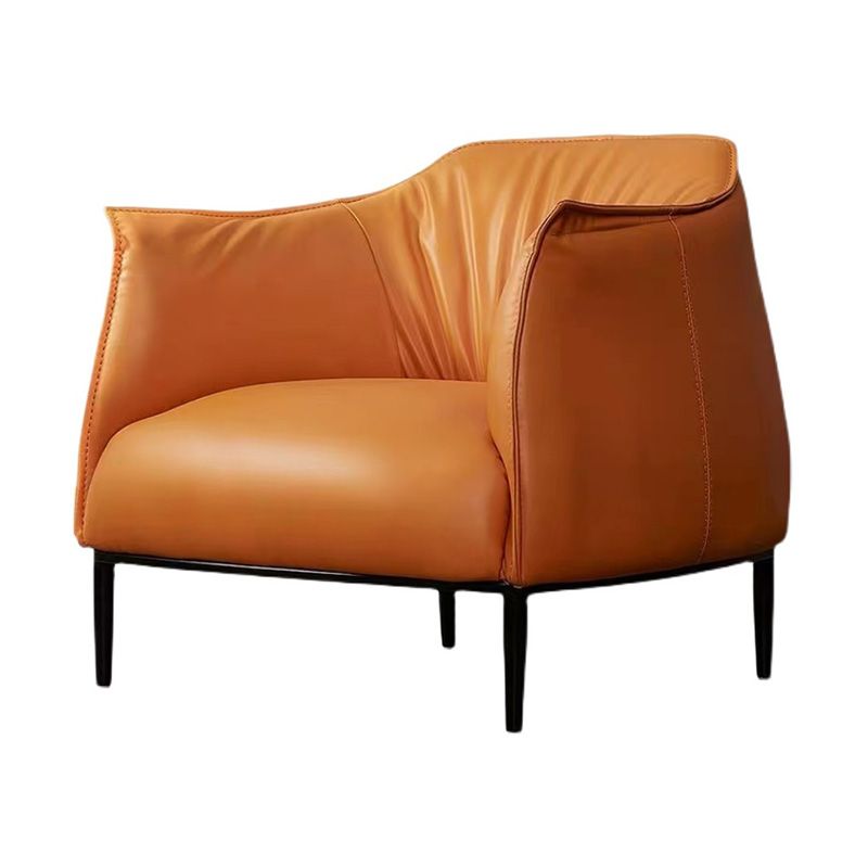 Solid Color Genuine Leather Arms Included with Black Legs Round Arms Barrel Chair