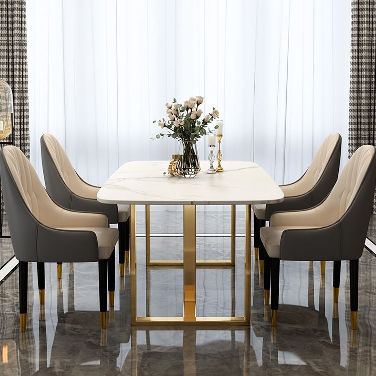 Luxury Sintered Stone Dining Table Rectangle Table with Double Pedestal in Gold