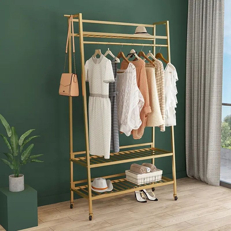 Contemporary Style Open Armoire Gold Metal Armoire with Clothing Rod