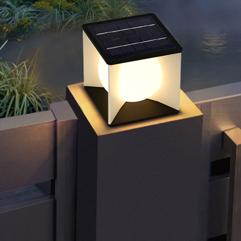 Metal Square Shape Solar Pillar Lamp Modern Style 1 Light Outdoor Lights in Black