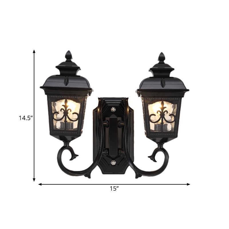 2 Bulbs Lantern Wall Mount Lighting Vintage Black Finish Clear Glass Wall Light Fixture with Curved Arm