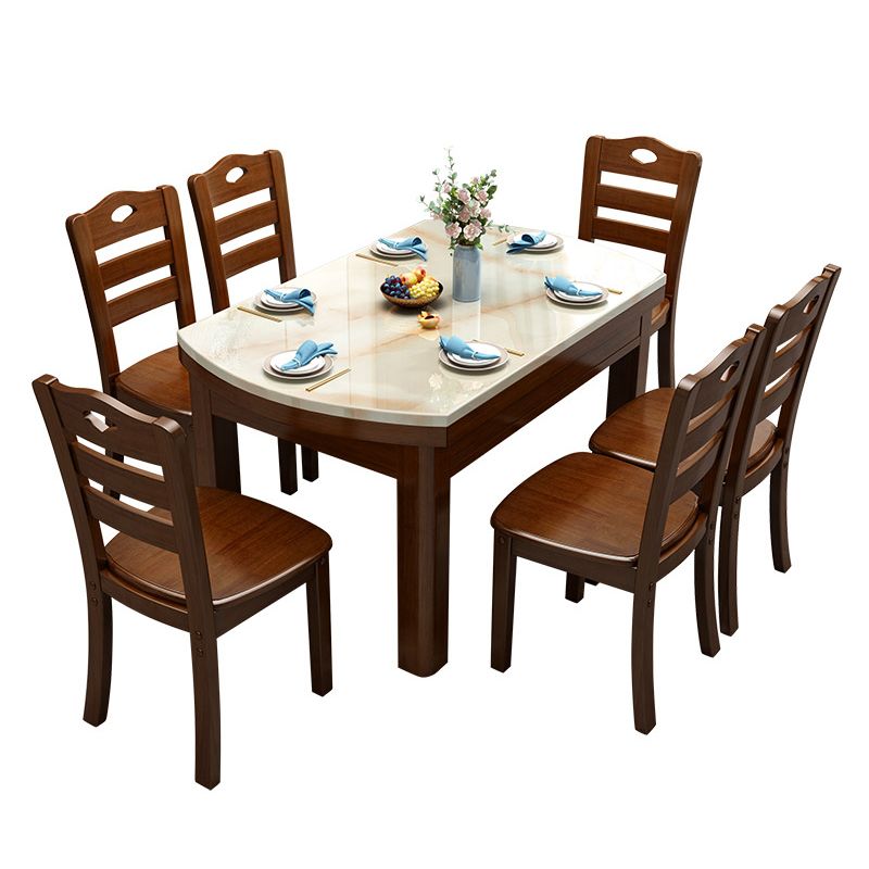 Round Stone Top Dining Table Drop-Leaf Dinner Room Kitchen Table with Wood Base