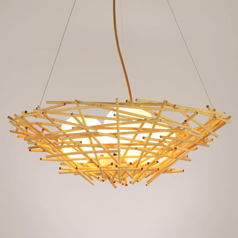 Bamboo Nest Pendant Light Rustic 3-Bulb Beige Chandelier with Egg Ivory Glass Shade