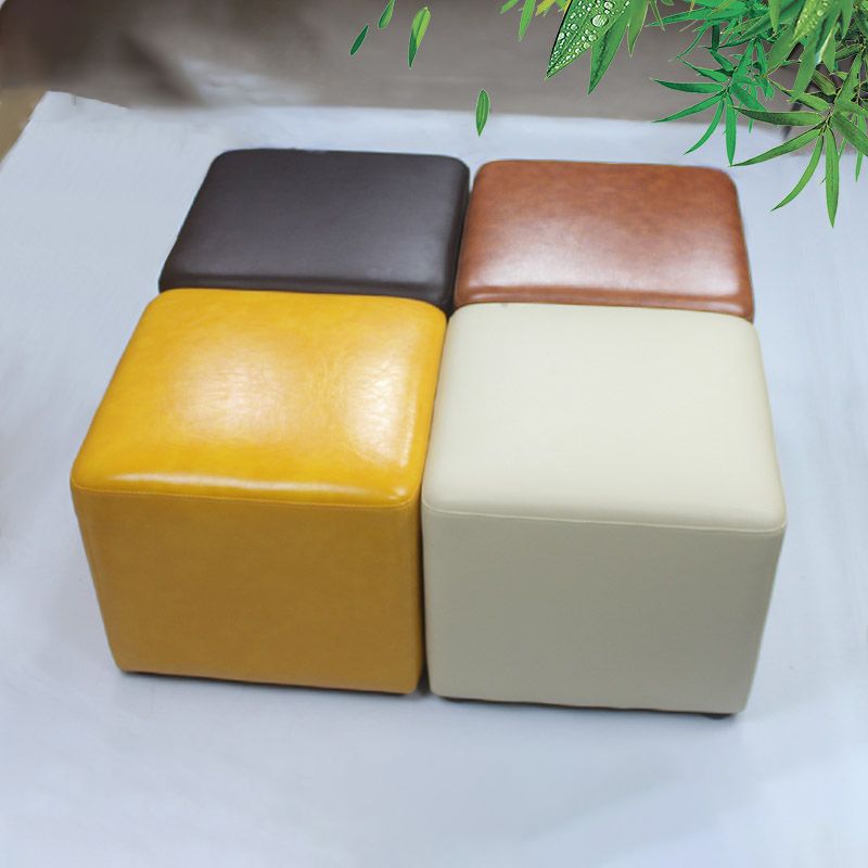 Mid-Century Modern Pouf Ottoman Genuine Leather Upholstered Solid Color Square Ottoman