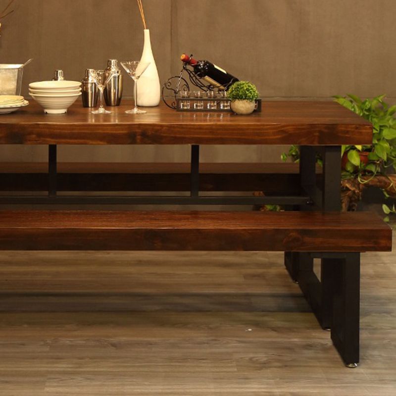 Industrial Dining Table Brown Solid Wood Dining Table with Trestle Base