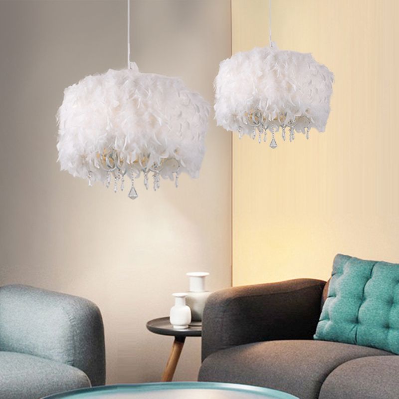 5 Lichter Esszimmer Kronleuchter nordisch weißer Anhänger mit Trommelfederschatten und Tränenkristall