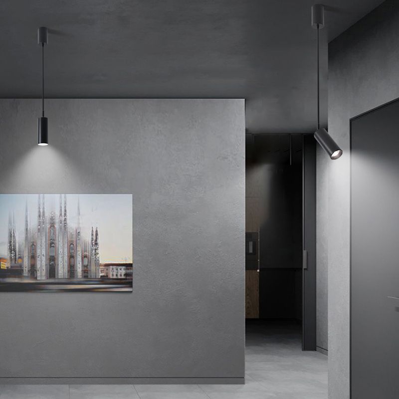 Cylindrical Hallway Drop Lighting Metal LED Minimalist Pendant Spotlight in Black