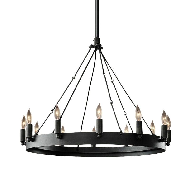Candle Iron Suspension Lamp Countryside 12-Head Coffee Shop Wagon Wheel Chandelier Lighting in Black