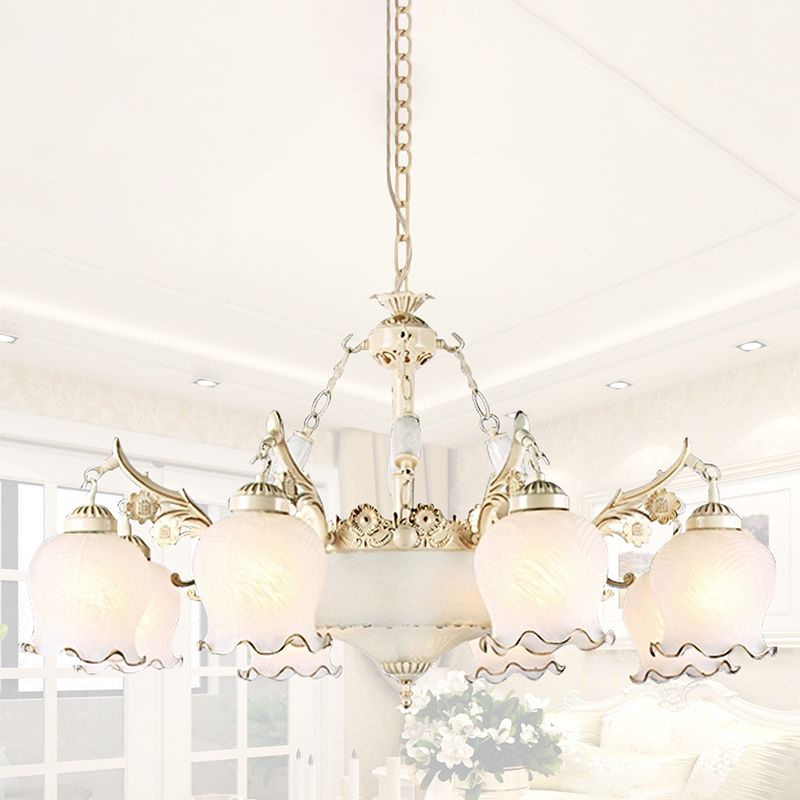 Salle à manger en forme de bourgeon de fleur lampe à goutte traditionnelle en verre blanc 11 lumières Chandelier en laiton