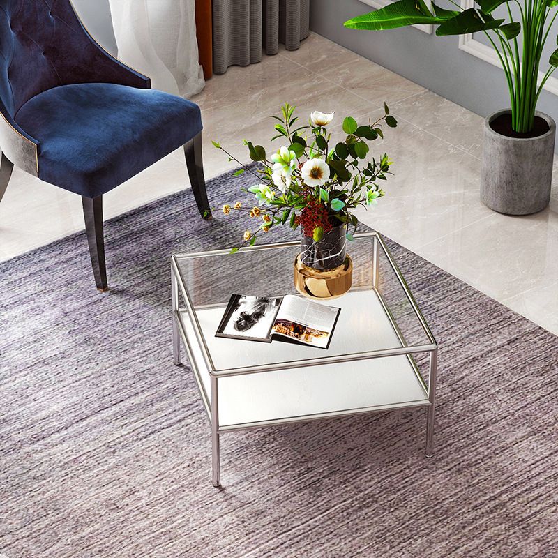 Modern 4 Legs Coffee Table Square Cocktail Table in Brown/Transparent