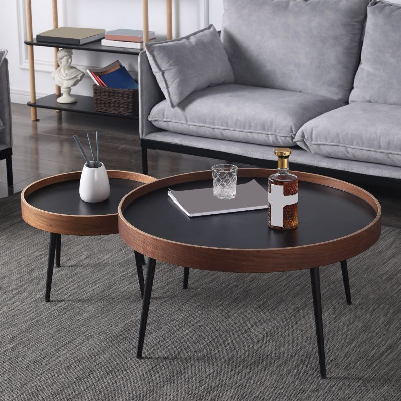 French Country Style Cocktail Table Walnut/black Solid Wood Round Coffee Table
