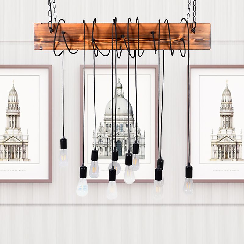 Lumo a sospensione multipla Lumo Lulb nudo Isola di metallo con raggio di legno e corda/corda in ottone nero/antico