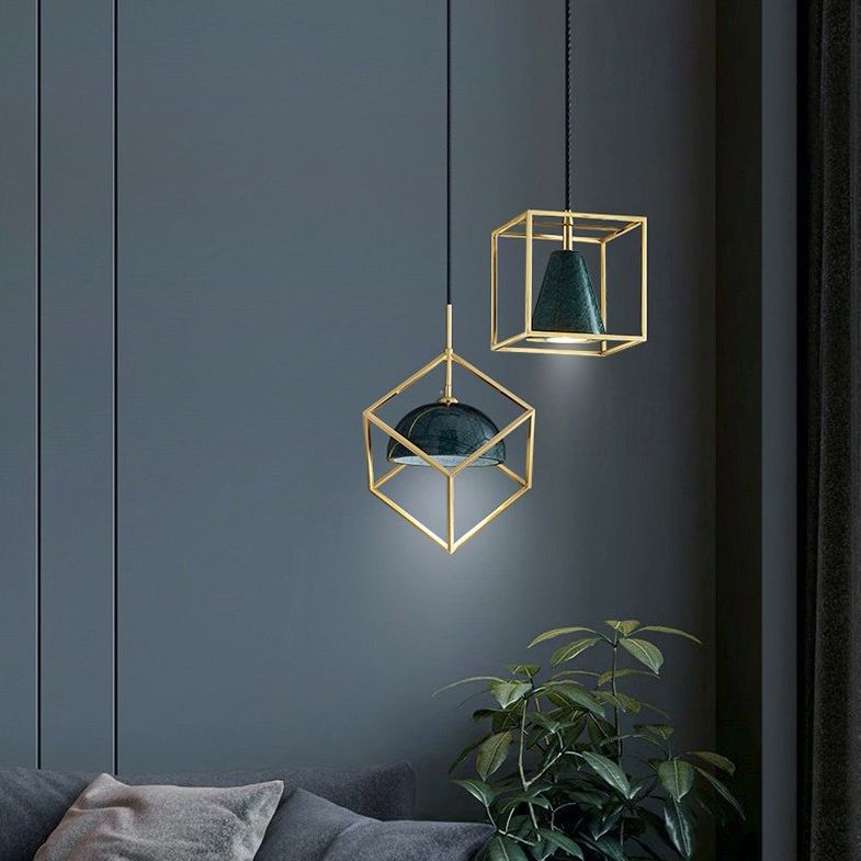 Blackish Green Shade Pendant Light Retro Nordic 1-Light Marble Hanging Light with Gold Cage