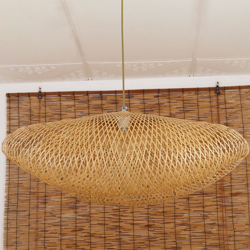 Asian 1 Bulb Hanging Light Flaxen Curved Pendant Lighting Fixture with Bamboo Shade