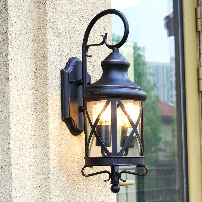 Iron Black Wall Lighting Fixture Lantern 2 Bulbs Rural Wall Sconce with Clear Glass Shade