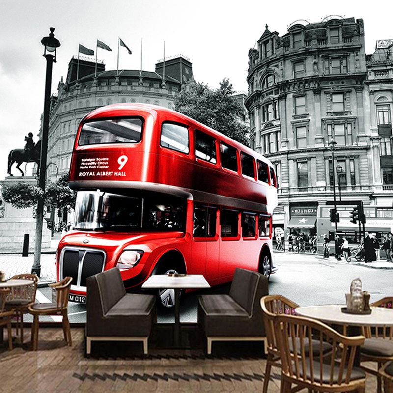Extra Large Vintage Mural Wallpaper Grey and Red England Bus Wall Covering, Custom Size Available