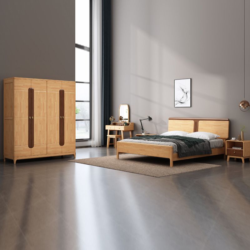 Contemporary Panel Bed Solid Wood Natural Standard Bed with Headboard