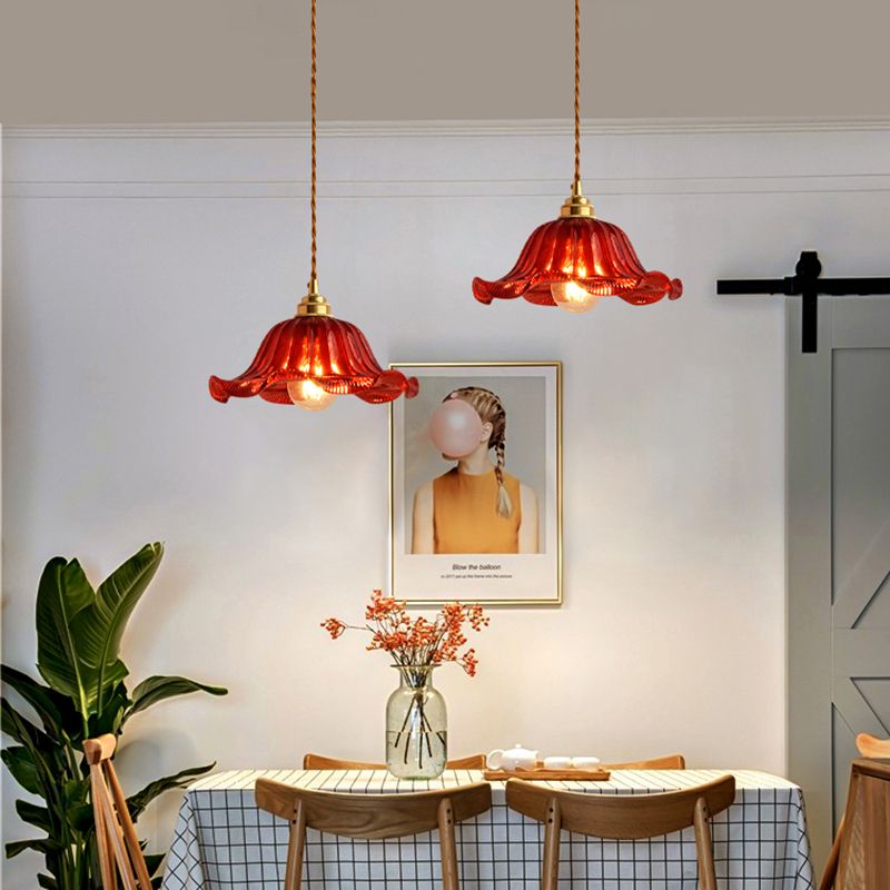 1-Light Ripped Shade Hanging Lamp, Contemporary Ribbed Glass Hanging Light