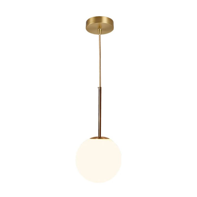 Simple Ball Shaped Drop Pendant White Glass 1 Light 6"/8"/10" Dia Bedroom Pendulum Light in Brass