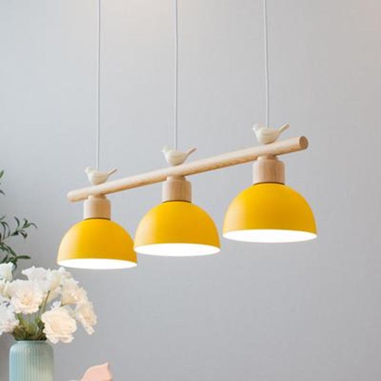 3 Lights Island Pendant Macaron Bowl Metal Pendant with Wood Electric Light Socket