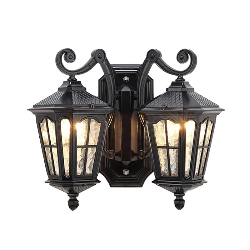 Luz de pared de pared al aire libre geométrica Cañón de agua 2 luces Lámpara de matorral de acabado negro con brazo de doble remolino