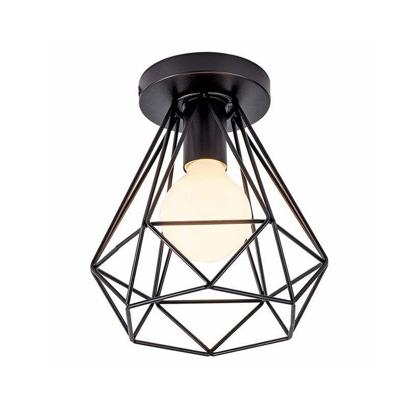 Geometric Metallic Semi Flush Fixture Antique Single-Bulb Corridor Flush Mount Ceiling Light in Black