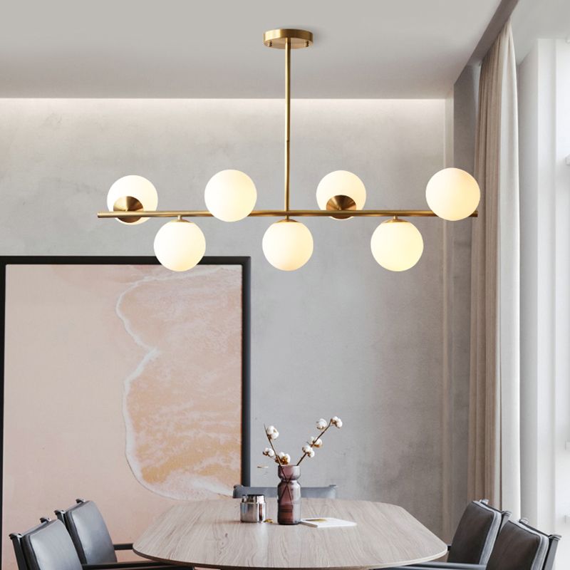 Spherical Dining Room Suspension Lamp Cream Glass 7-Head Postmodern Island Light in Gold