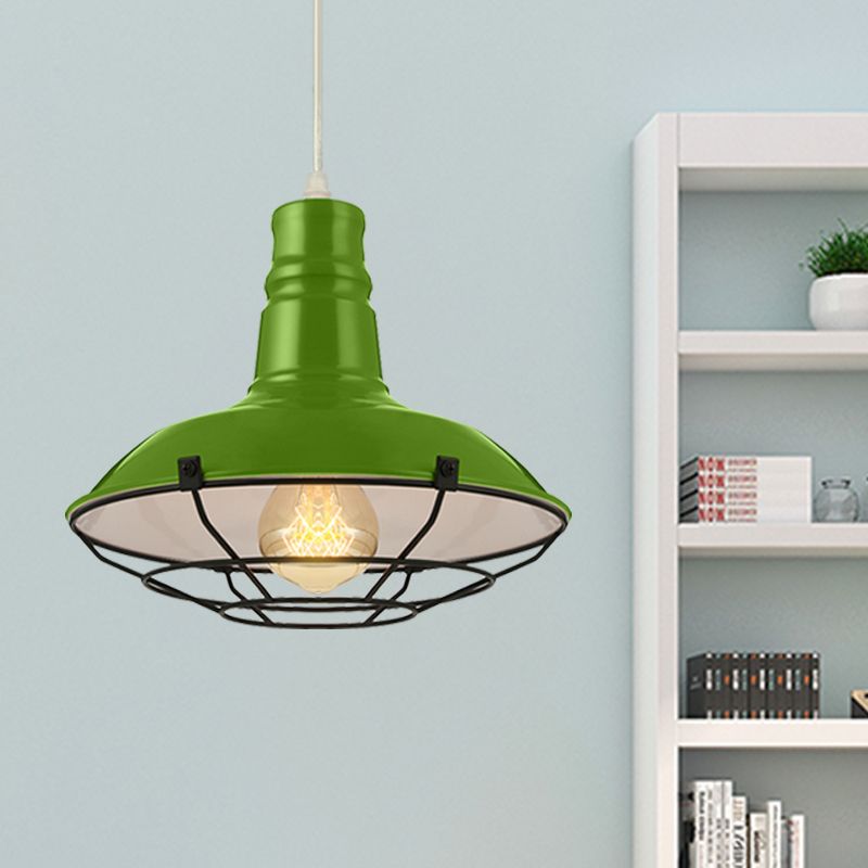 Orange/Blue/Green Bowl Hanging Light with Wire Guard Industrial Metal 1 Light Dining Room Pendant Light Fixture, 10"/14"/18" Dia