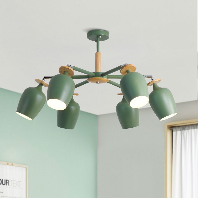 Green Tulip Semi Flush Light Fixture Contemporary 6/8 Bulbs Iron Flushmount Lighting with Wood Detail