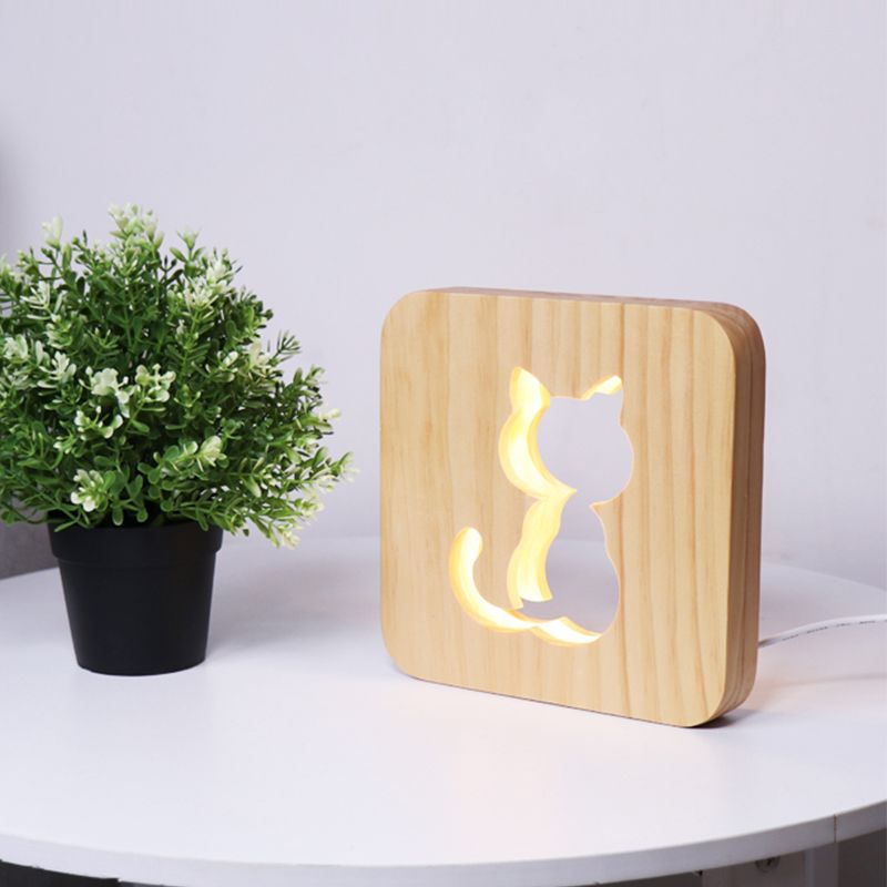 Wood Etched Cat Night Light Modernist LED Nightstand Lamp in Beige with Square Frame for Bedside