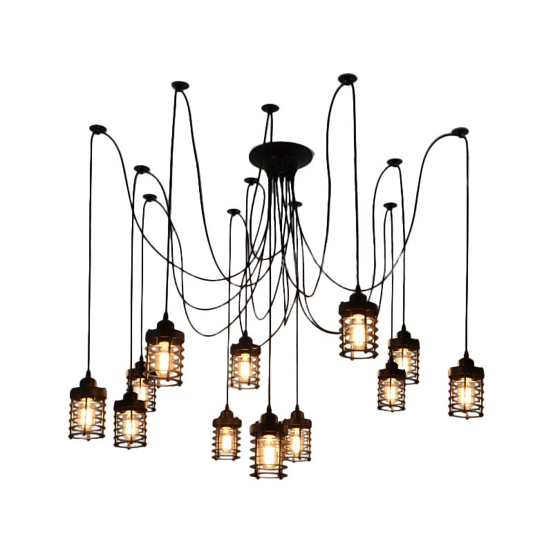 12 Köpfe Swag Anhänger Lampe Bauernhaus Schlafzimmer Multi -Licht Deckenleuchte mit Zylindereisenkäfig in Schwarz