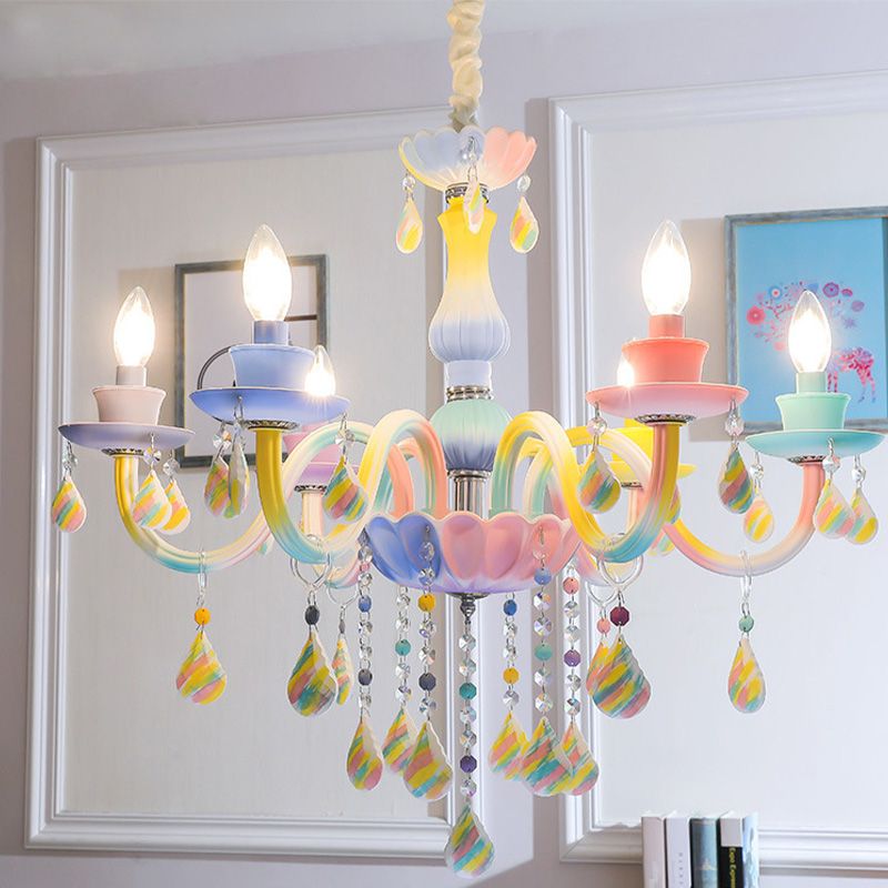Curvy Arm Pendant Chandelier Kids Crystal 6 Heads Blue Hanging Light Kit avec conception de bougies