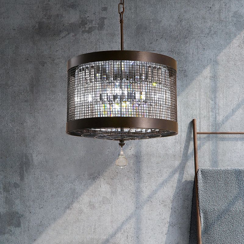 4 Lights Metal Hanging Chandelier Country Black Round Living Room Pendant Light Fixture with Crystal Block