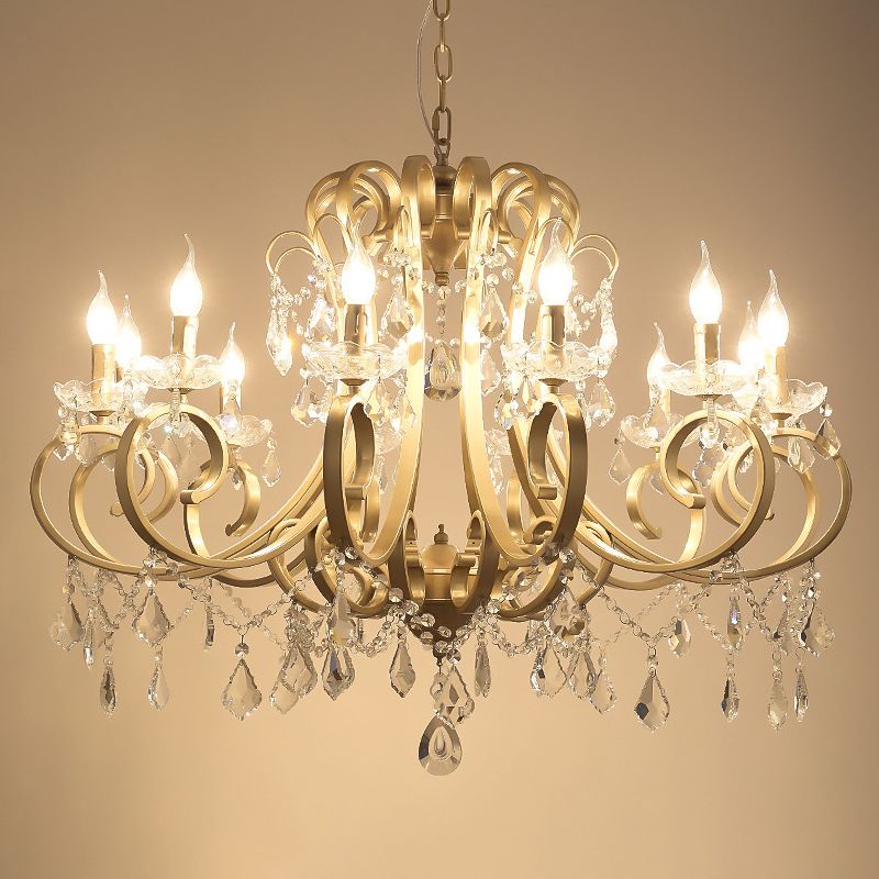 Traditional Swooping Arm Chandelier Metal Pendant Light Kit with Crystal Accent in Gold