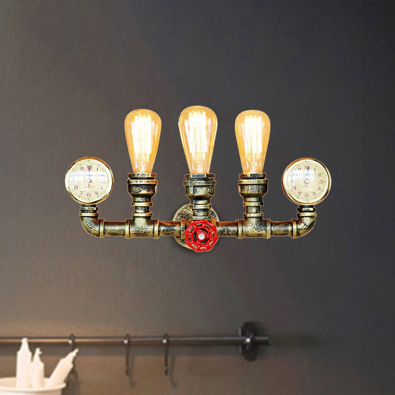 3 Lights Pipe Wall Lighting with Gauge and Valve Decoration Rustic Stylish Antique Brass Metal Wall Mount Light