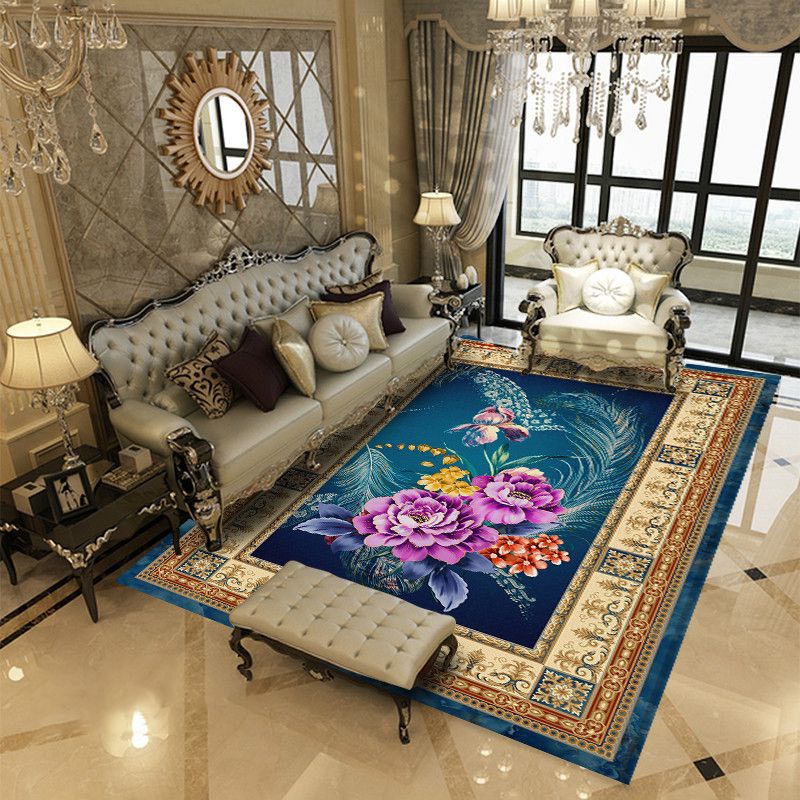 European Flower Pattern Carpet Polyester Area Rug Non-Slip Backing Area Rug for Living Room