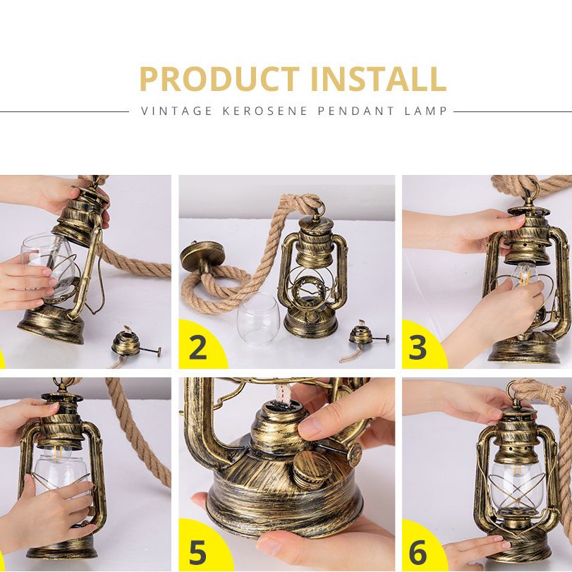 Lámpara de techo de linterna de vidrio transparente náutico 1 cabezal colgante con cuerda de cáñamo