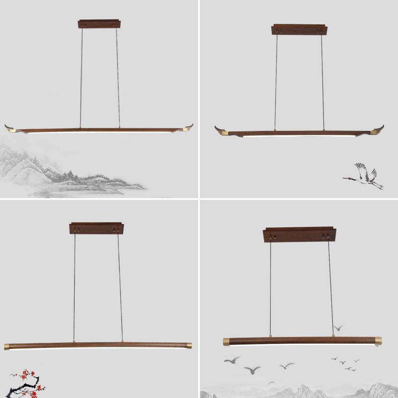 Minimalistic Linear Island Lighting Walnut Wood Tea Room LED Hanging Light in Dark Brown