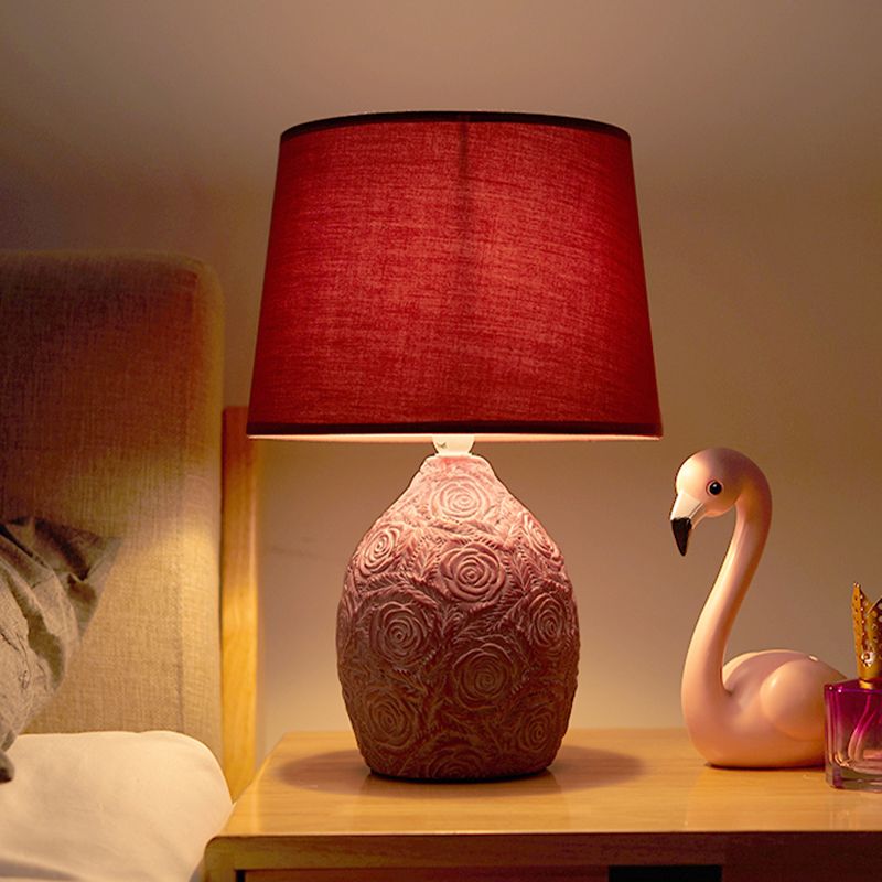 Rural Carved Rose Pot Night Lamp 1 Head Ceramic Table Light with Tapered Drum Shade in Purple and Red