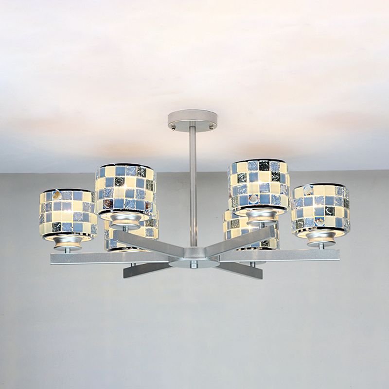 Mosaïque moderne suspendu au plafond 6 lumières Blue / jaune Verre suspendue Chandelier en finition chromée