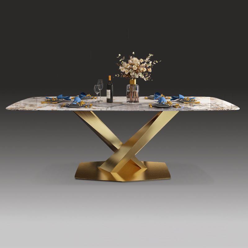 Traditional Luxury Rectangle Dining Table Sintered Stone Table with Gold Pedestal Base